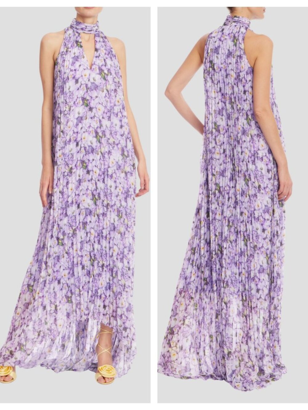 Badgley Mischka Pleated High Low Floral Flowy Maxi Dress